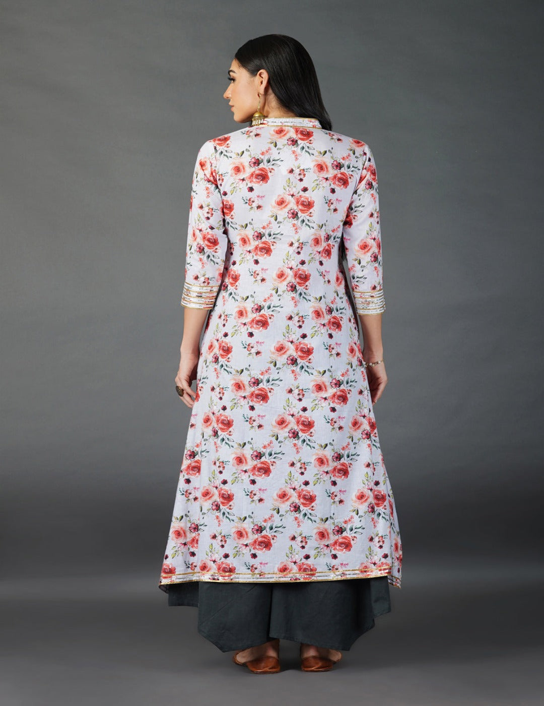 Printed asymmetrical kurta, gota embellishment Kurti