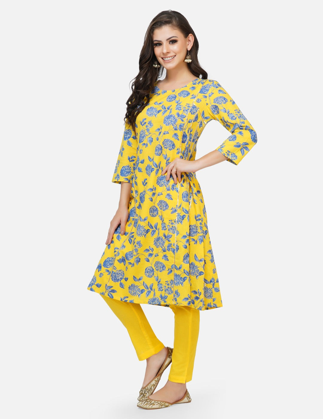 Yellow printed A-line Kurta