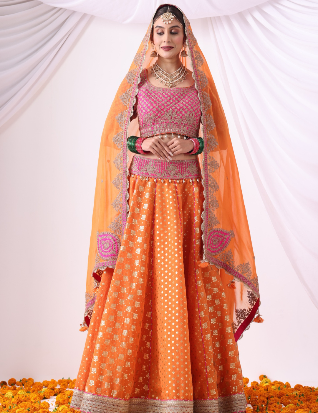 Ruhani Orange & Magenta Zari Buti Chanderi Lehenga Set