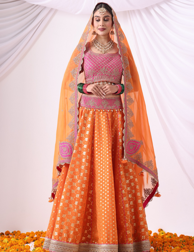 Ruhani Orange & Magenta Zari Buti Chanderi Lehenga Set