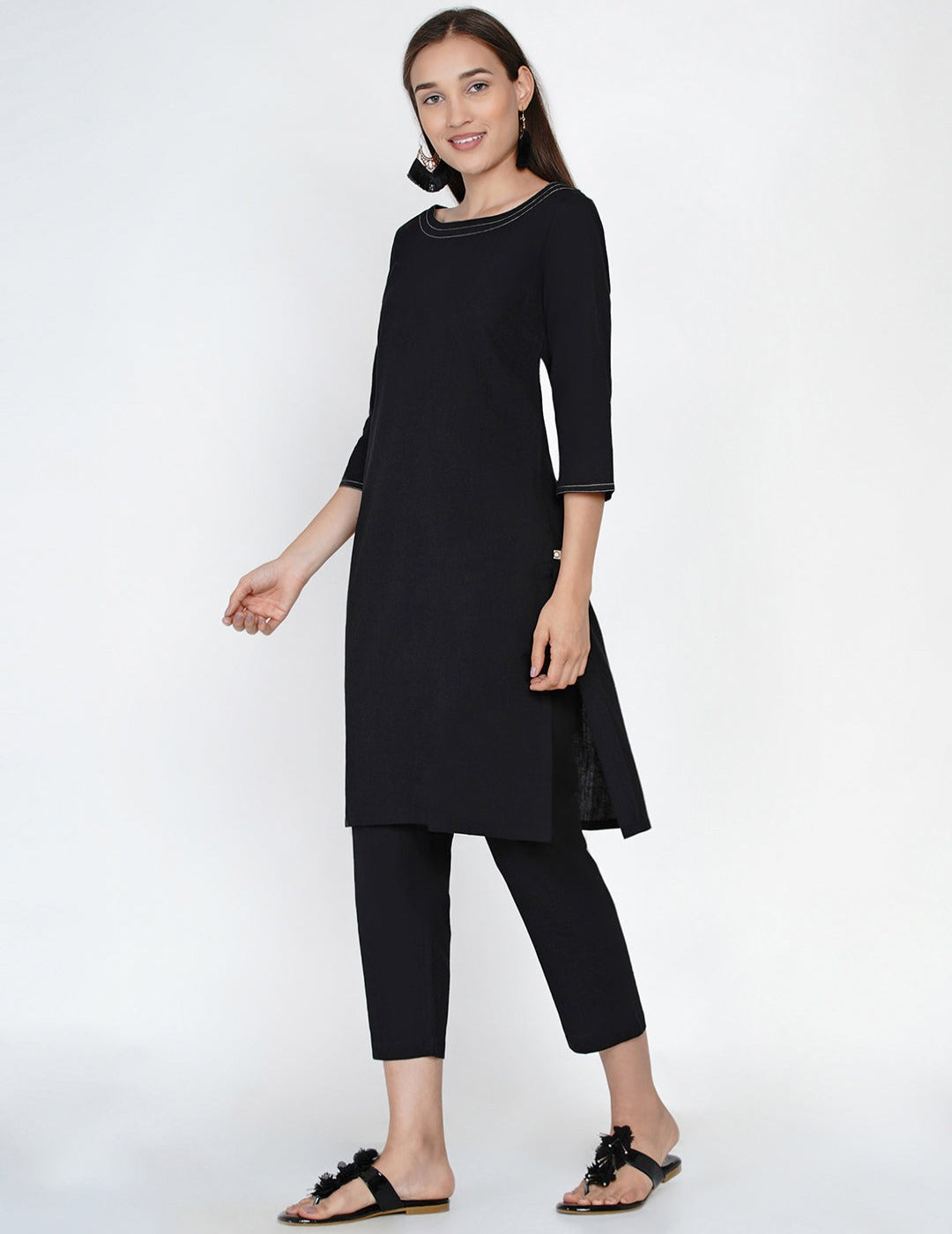 Black cotton contrast-stitched A-line kurta