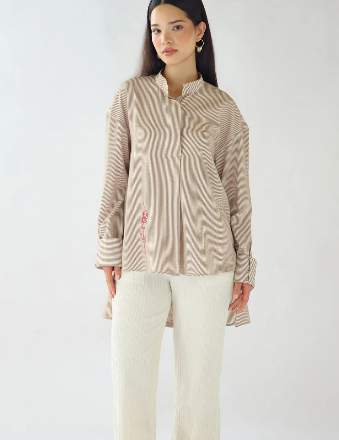 Ivory Striped Embroidered Shirt