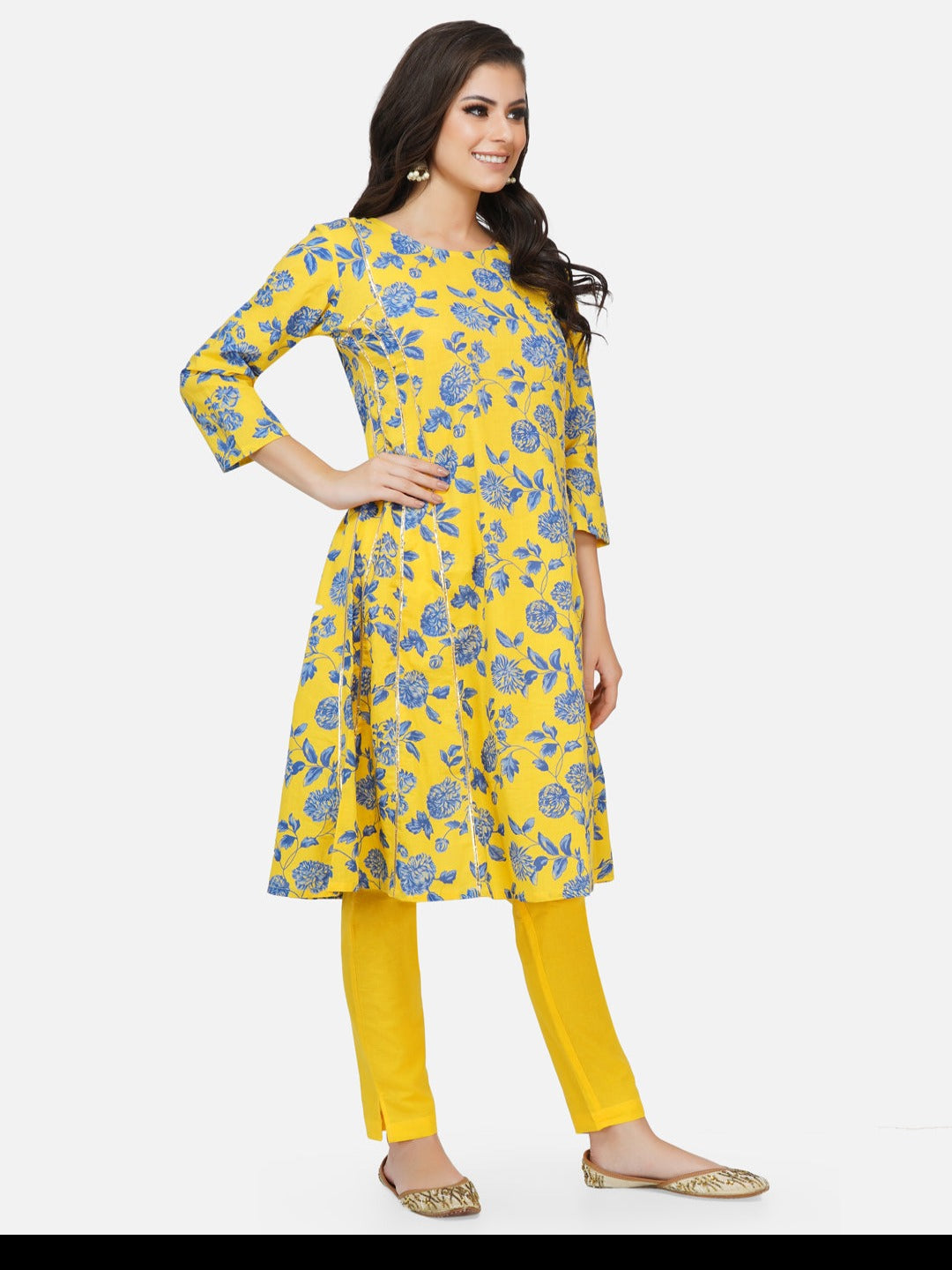 Yellow printed A-line Kurta