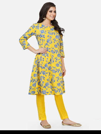 Yellow printed kurta with pants