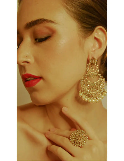 Pearl Antique Gold Tone Chandbali Earrings