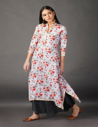 Printed asymmetrical kurta, gota embellishment Kurti