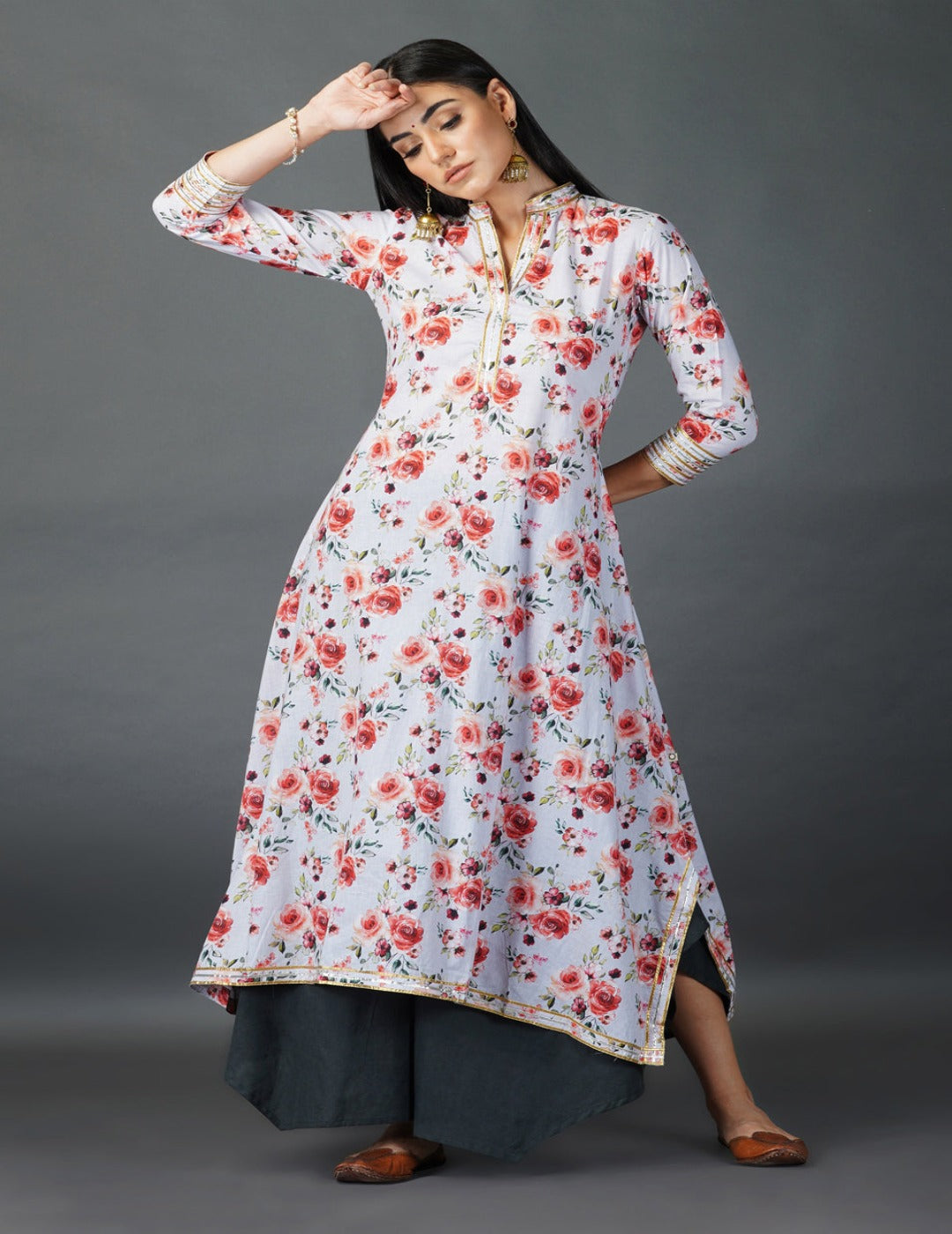 Printed asymmetrical kurta, gota embellishment Kurti