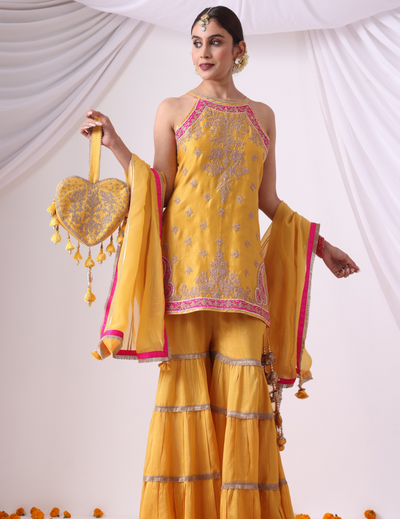 Zeenat Mustard Halter Gharara Ensemble