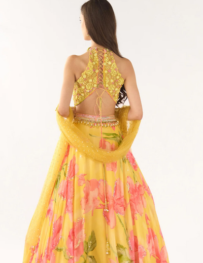 Yellow Georgette Embroidered Lehenga Set