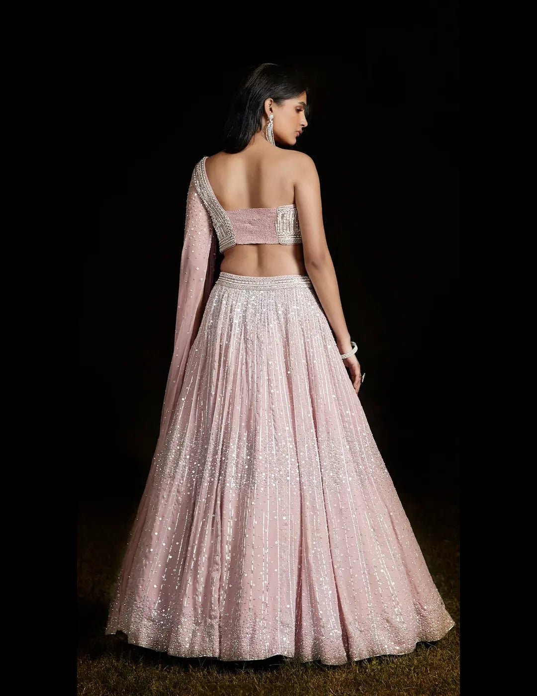 Pink One Shoulder Embroidered Lehenga