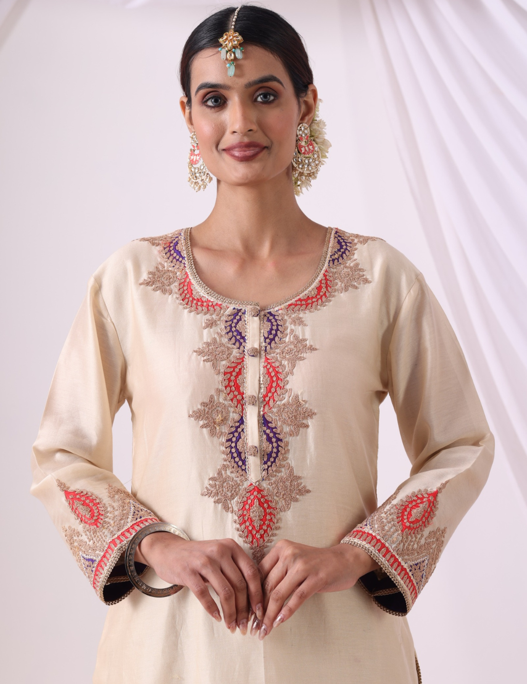 Saanvi Ivory Embroidered Kurta Set with Palazzo & Dupatta