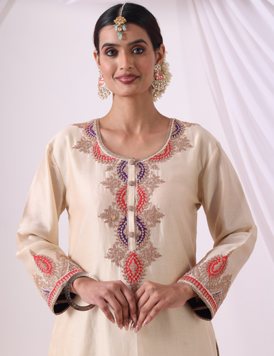 Saanvi Ivory Embroidered Kurta Set with Palazzo & Dupatta