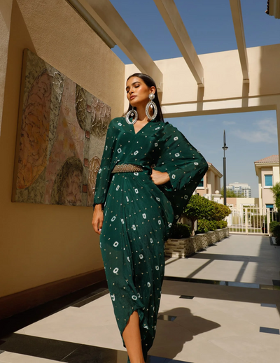 Green Chinon Embroidered Midi Dress