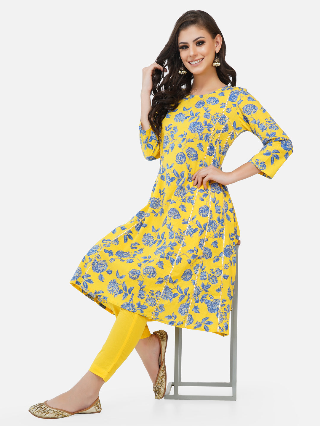 Yellow printed A-line Kurta