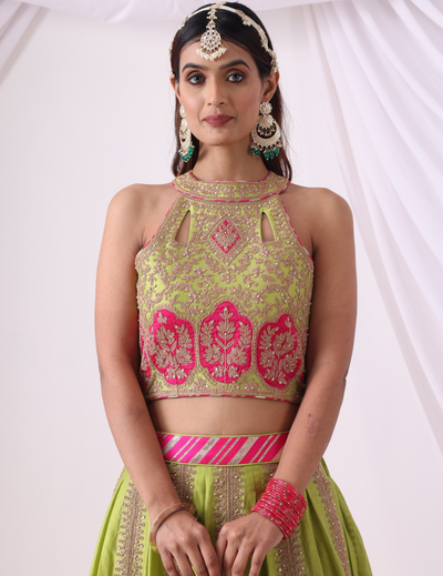 Sitara Parrot Green Zari Chanderi Lehenga Set