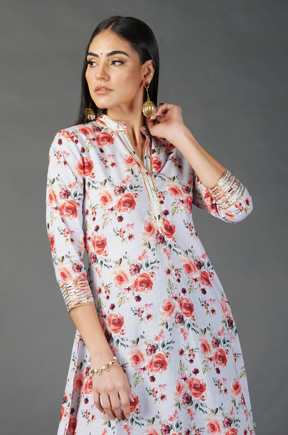 Printed asymmetrical kurta, gota embellishment Kurti