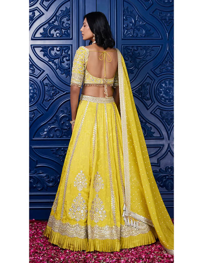 Yellow Tissue Silk Embroidered Lehenga Set