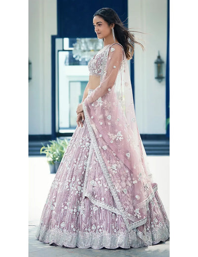 Mauve Organza Embroidered Lehenga Set