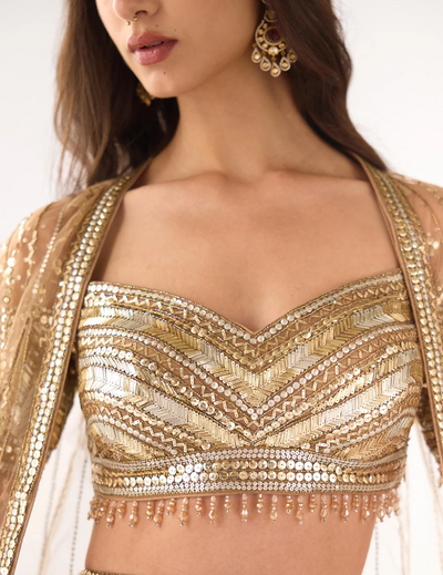 Gold Soft Net Embroidered Lehenga Set