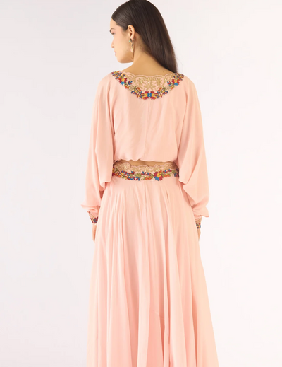 Pink Satin Crepe Embroidered Skirt Set