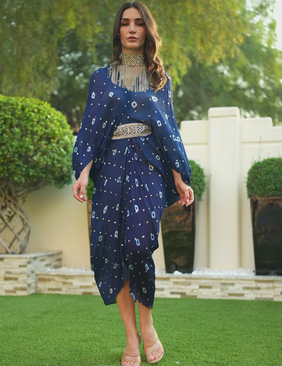 Deep Navy Blue Chinon Embroidered Midi Dress