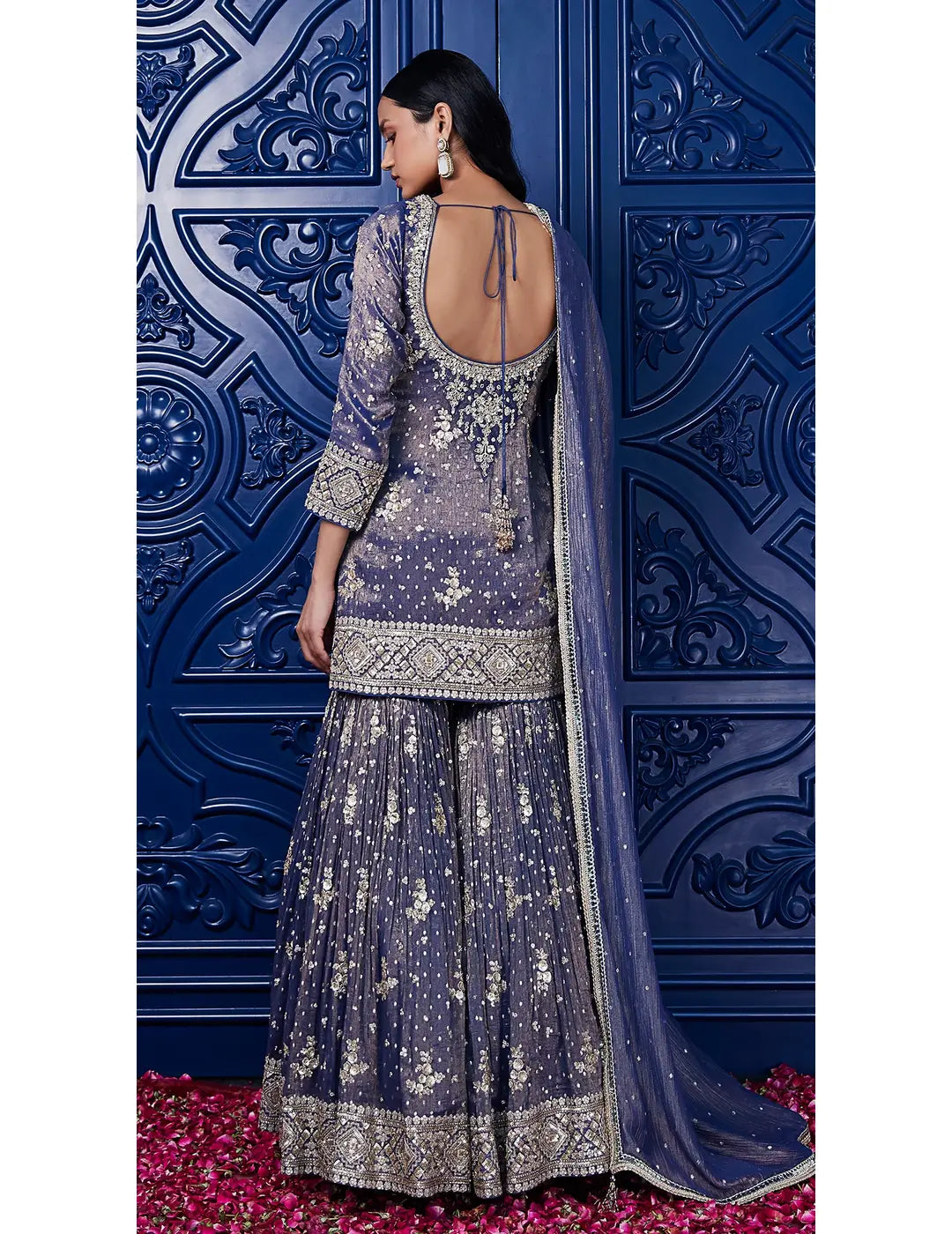 Blue Tissue Embroidered Sharara Set