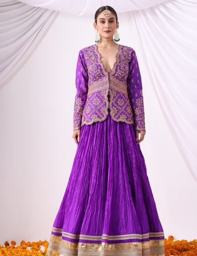 Aabha Violet Crushed Silk Skirt Set