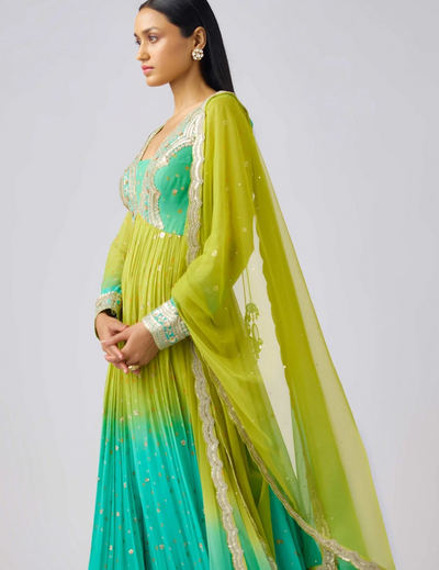 Lime Georgette Embroidered Anarkali Set