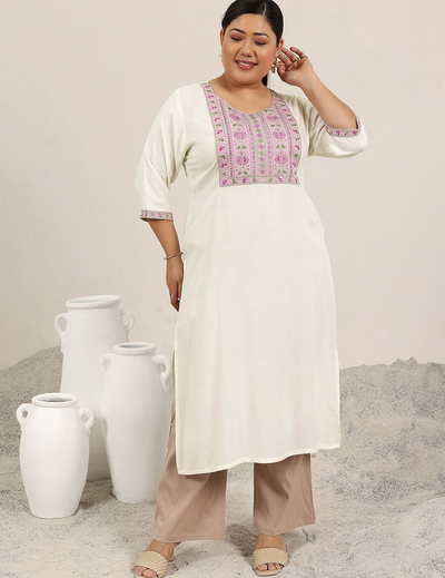 Off White Yoke Design Rayon Straight Kurta
