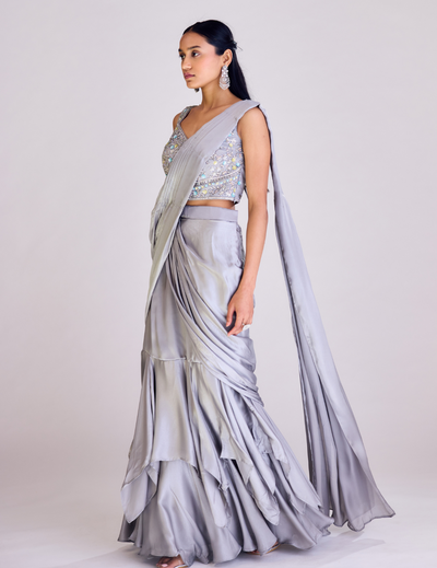 Grey Pre Draped Saree