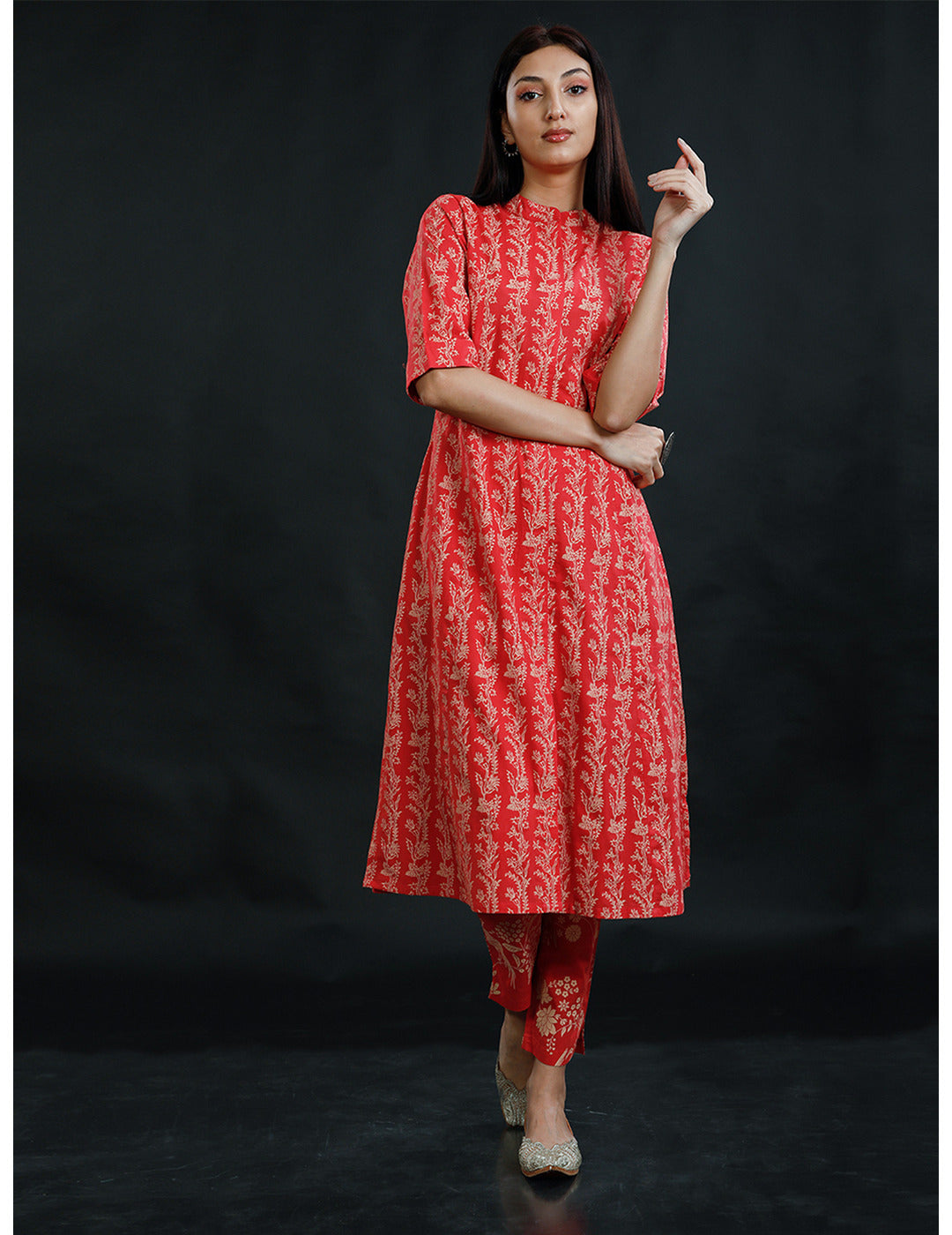 Red Cotton A-Line Kurta