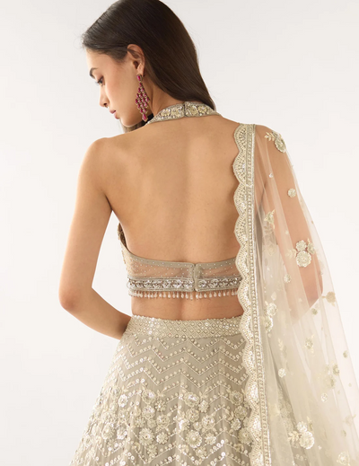 Grey Organza Embroidered Lehenga Set
