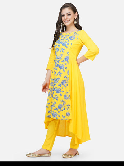 Yellow asymmetrical kurta with pants