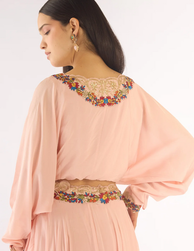 Pink Satin Crepe Embroidered Skirt Set