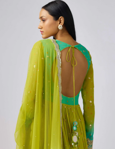 Lime Georgette Embroidered Anarkali Set