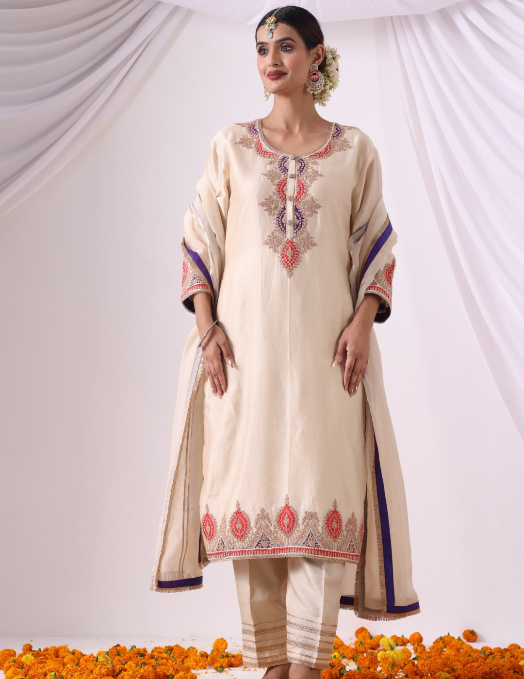 Saanvi Ivory Embroidered Kurta Set with Palazzo & Dupatta