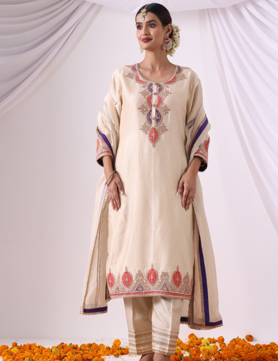 Saanvi Ivory Embroidered Kurta Set with Palazzo & Dupatta