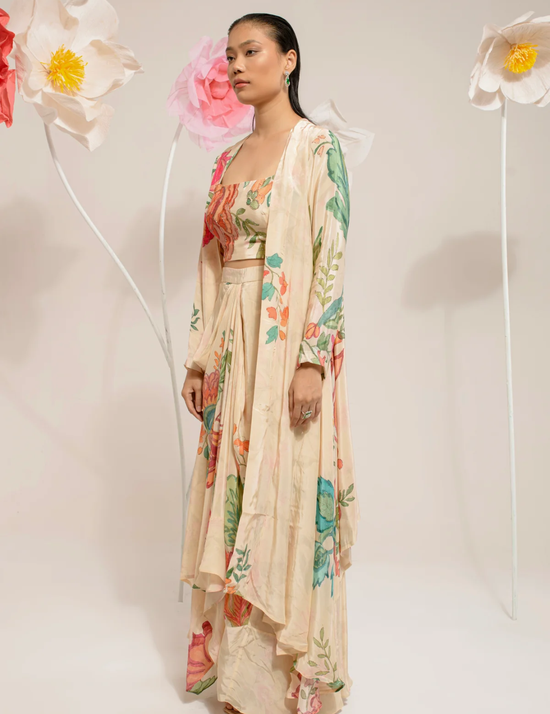 Cream Digital Print Jacket Set