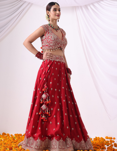 Mehr Maroon Zari Embroidered Chanderi Lehenga Set