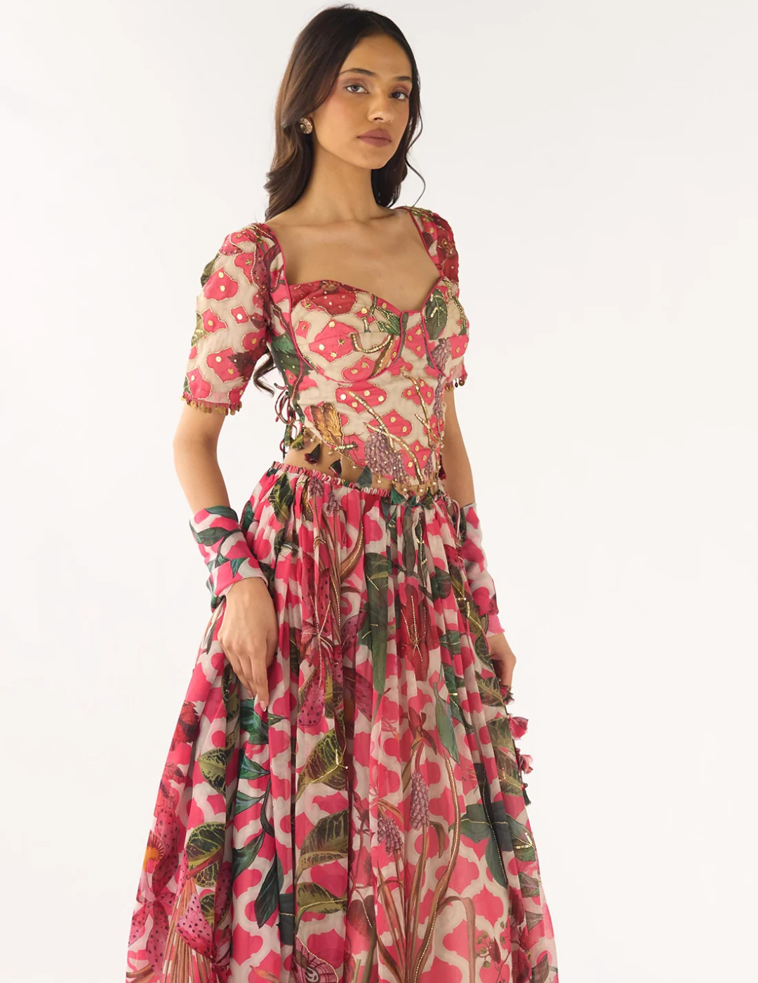 Pink Organza Embroidered Lehenga Set