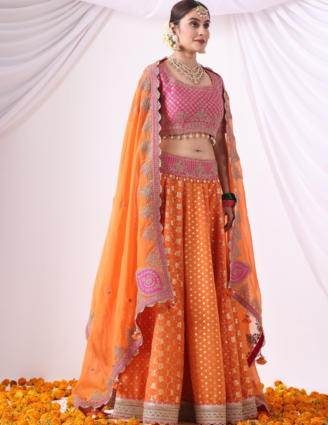 Ruhani Orange & Magenta Zari Buti Chanderi Lehenga Set