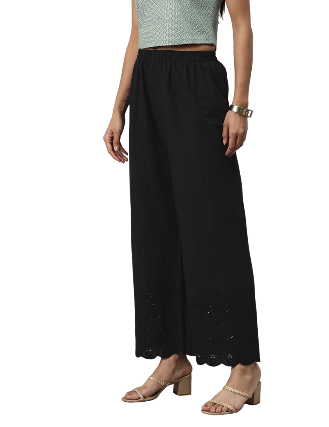 Black Embroidered Cotton Palazzos
