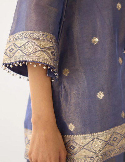 Denim- Blue Banarasi Embellished Sharara Set