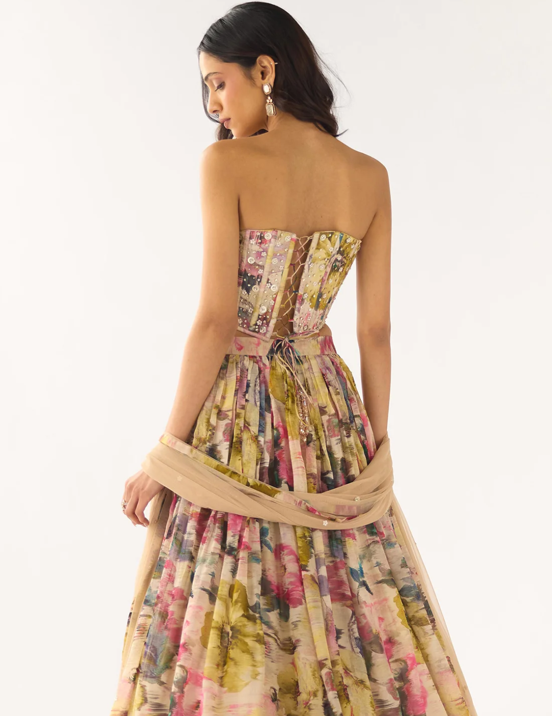 Beige Organza Embroidered Lehenga Set