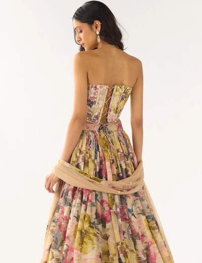 Beige Organza Embroidered Lehenga Set
