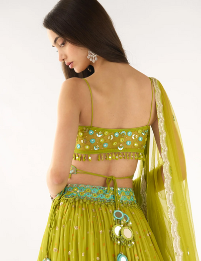 Lime Georgette Embroidered Lehenga Set
