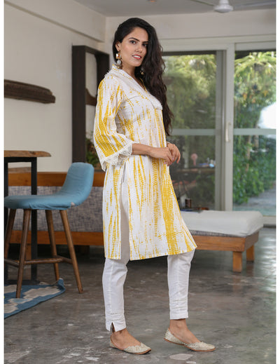 Yellow Shibori Print Straight Cotton Kurta