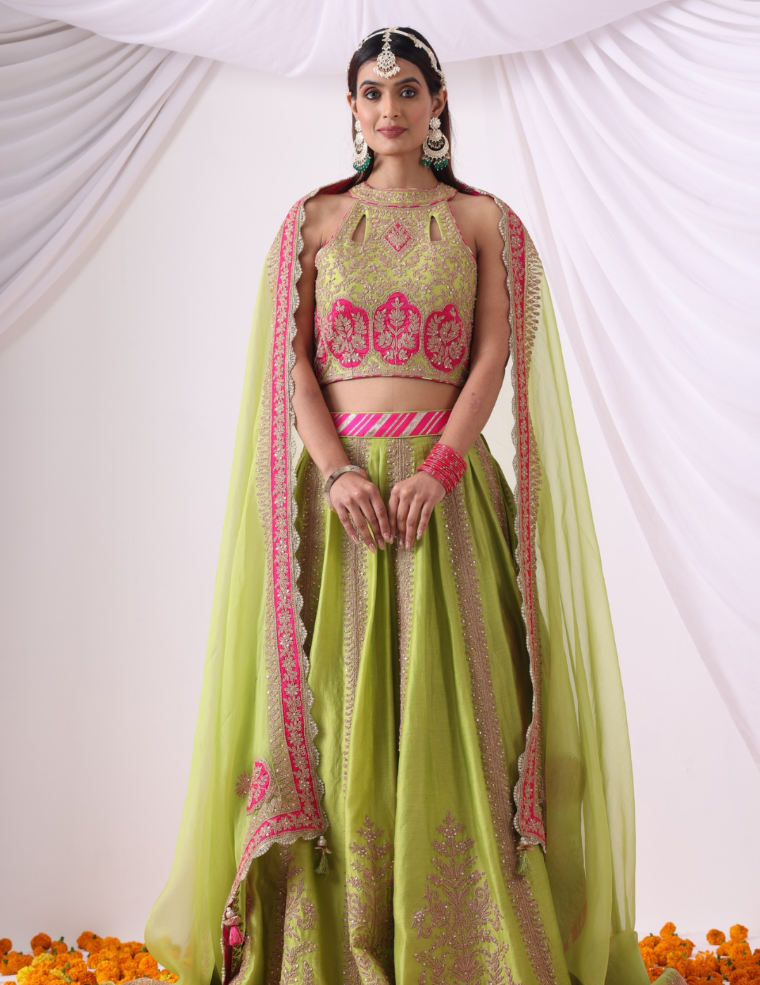 Sitara Parrot Green Zari Chanderi Lehenga Set