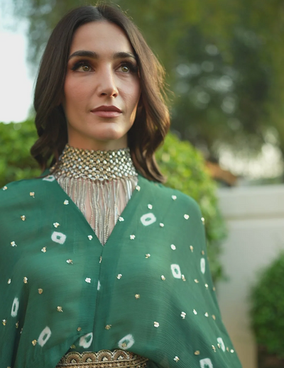 Green Chinon Embroidered Midi Dress