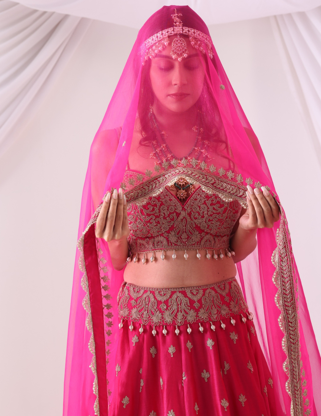 Aabroo Magenta Zari Embroidered Chanderi Lehenga Set
